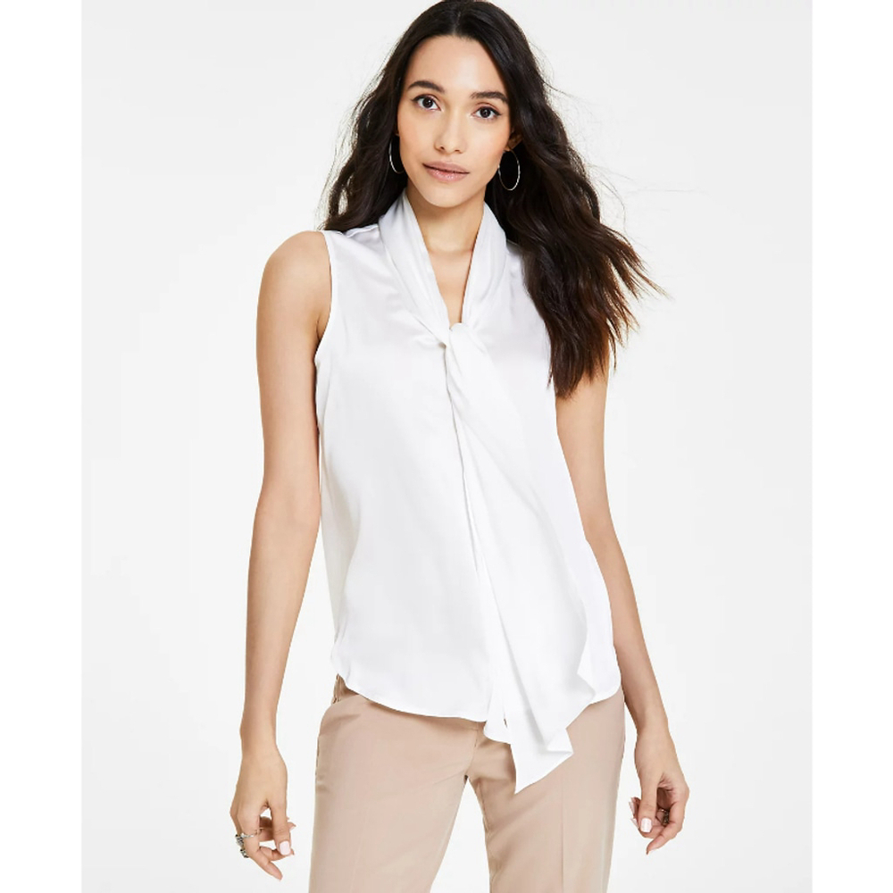 Bar III Women's Size XXS White Tie-Neck Sleeveless Satin Blouse NWT